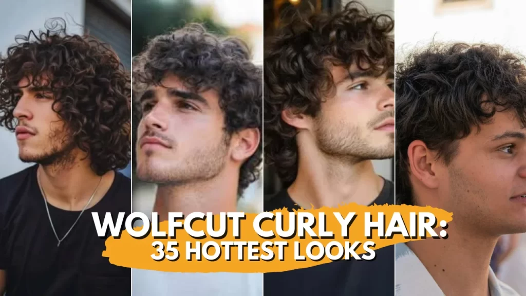 Collage of four men with trendy curly wolf cut hairstyles featuring layered textured curls and fringe, with text reading Wolfcut Curly Hair 35 Hottest Looks.