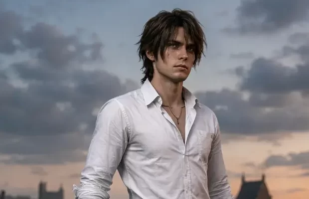 Young man with a tousled wolf cut hairstyle wearing a white button-up shirt, standing against a dramatic sunset sky with a medieval city skyline in the background.